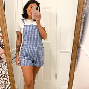 Vintage Cottagecore Blue Plaide Short Overalls